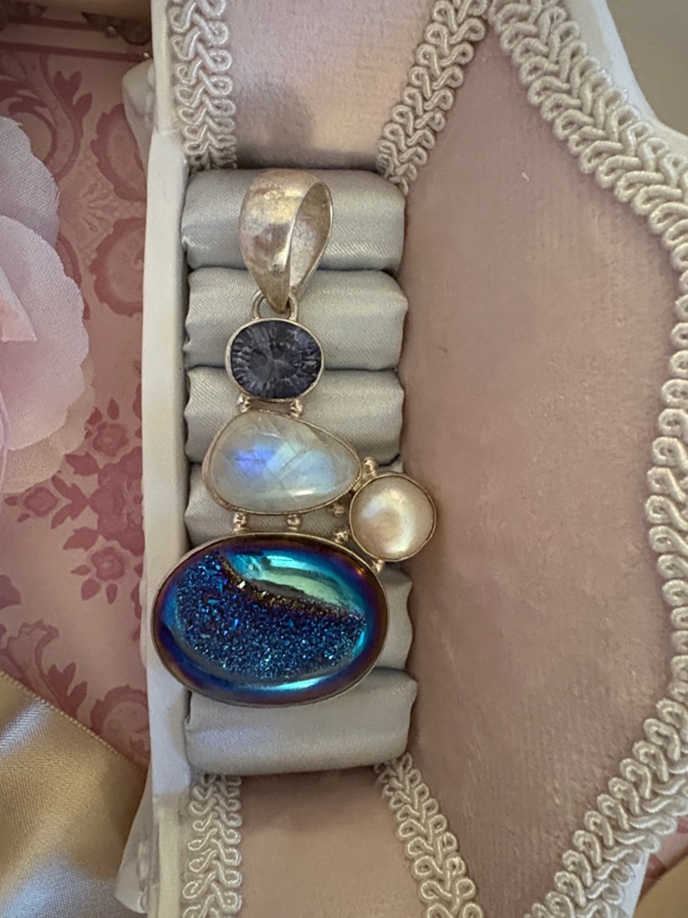 Heavy Silver Blue Druzy, Moonstone & Pearl with a Blue Sapphire pendant. $ Firm